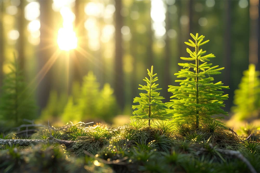 Tiny Forest — Junge Tannen im Sonnenlicht
